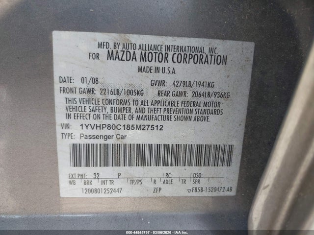 2008 Mazda Mazda6 I Sport Ve მანქანა იყიდება აუქციონზე, vin: 1YVHP80C185M27512, აუქციონის ნომერი: 44545797
