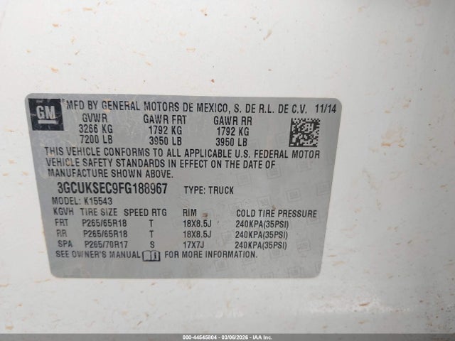 Aukcja sprzedaży 2015 Chevrolet Silverado 1500 2lz, vin: 3GCUKSEC9FG188967, numer aukcji: 44545804