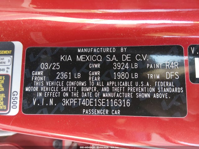 2025 Kia K4 Lxs მანქანა იყიდება აუქციონზე, vin: 3KPFT4DE1SE116316, აუქციონის ნომერი: 44545820