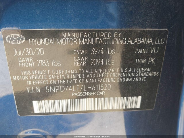 Aukcja sprzedaży 2020 Hyundai Elantra Se, vin: 5NPD74LF7LH611820, numer aukcji: 44545827