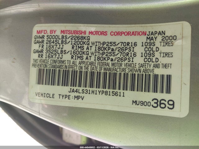 Продажа на аукционе авто 2000 Mitsubishi Montero Sport Ls/xls, vin: JA4LS31H1YP815611, номер лота: 44545852