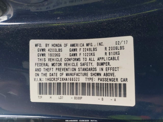 Honda ACCORD LX 2017 1HGCR2F3XHA166520 Image 9
