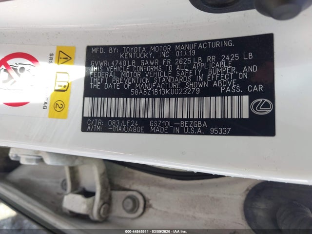 Продажа на аукционе авто 2019 Lexus Es 350 F Sport, vin: 58ABZ1B13KU023279, номер лота: 44545911