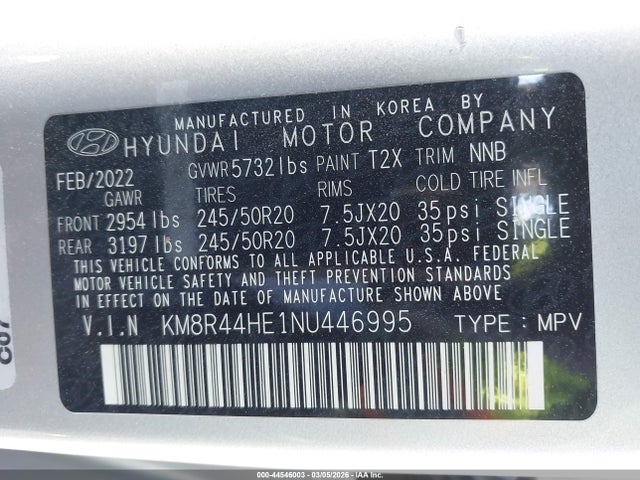 Продажа на аукционе авто 2022 Hyundai Palisade Sel, vin: KM8R44HE1NU446995, номер лота: 44546003