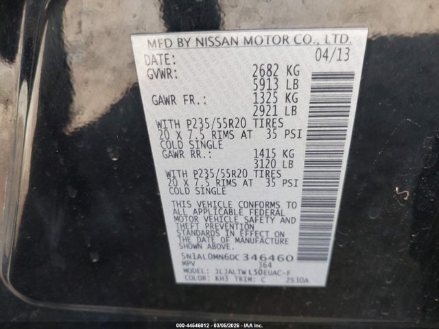 Aukcja sprzedaży 2013 Infiniti Jx35, vin: 5N1AL0MN6DC346460, numer aukcji: 44546012