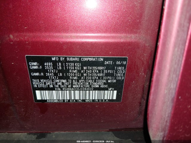 Aukcja sprzedaży 2018 Subaru Outback 2.5i Premium, vin: 4S4BSACC0J3384632, numer aukcji: 44546021