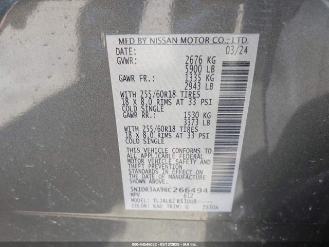 Aukcja sprzedaży 2024 Nissan Pathfinder S Fwd, vin: 5N1DR3AA9RC266494, numer aukcji: 44546022