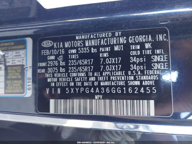 5XYPG4A36GG162455 KIA Sorento 2.4l Lx