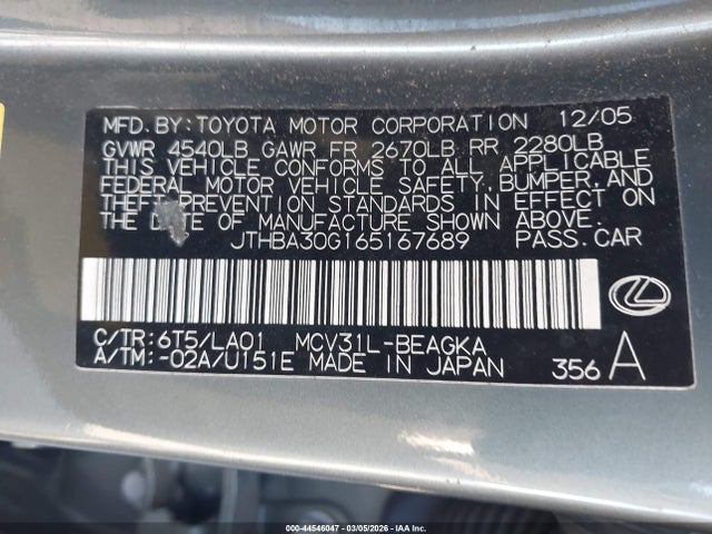 2006 Lexus Es 330 მანქანა იყიდება აუქციონზე, vin: JTHBA30G165167689, აუქციონის ნომერი: 44546047