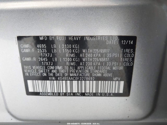 2015 Subaru Outback 2.5i მანქანა იყიდება აუქციონზე, vin: 4S4BSAAC0F3278692, აუქციონის ნომერი: 44546070