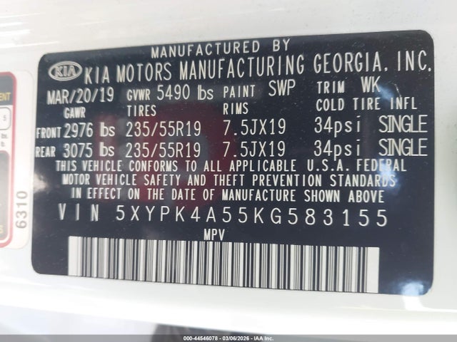 5XYPK4A55KG583155 KIA Sorento 3.3l Sxl