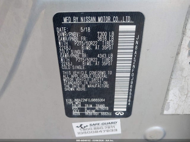 Aukcja sprzedaży 2018 Infiniti Qx80, vin: JN8AZ2NF0J9665064, numer aukcji: 44546102