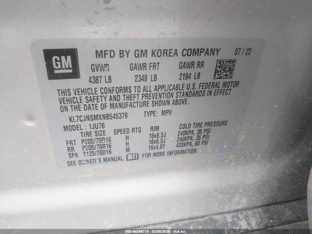 Продажа на аукционе авто 2022 Chevrolet Trax Awd Ls, vin: KL7CJNSMXNB545378, номер лота: 44546119