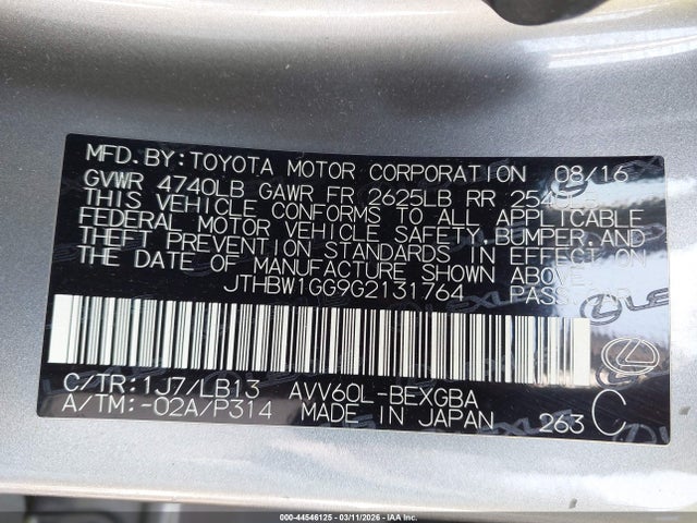 Aukcja sprzedaży 2016 Lexus Es 300h, vin: JTHBW1GG9G2131764, numer aukcji: 44546125