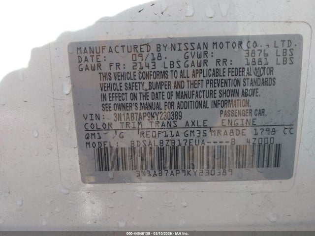 Продаж на аукціоні авто 2019 Nissan Sentra S, vin: 3N1AB7AP9KY230389, номер лоту: 44546139