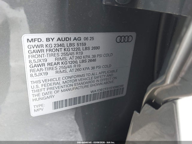 44546145 :رقم المزاد ، WA1DECF31S1098288 vin ، 2025 Audi Q3 Premium 45 Tfsi S Line Quattro Tiptronic مزاد بيع