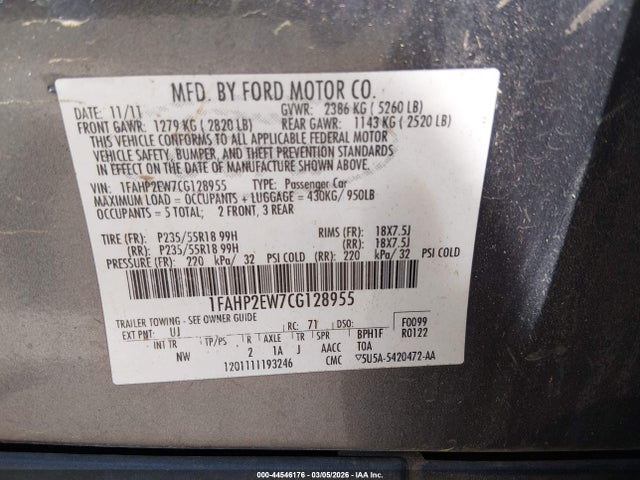 Aukcja sprzedaży 2012 Ford Taurus Sel, vin: 1FAHP2EW7CG128955, numer aukcji: 44546176
