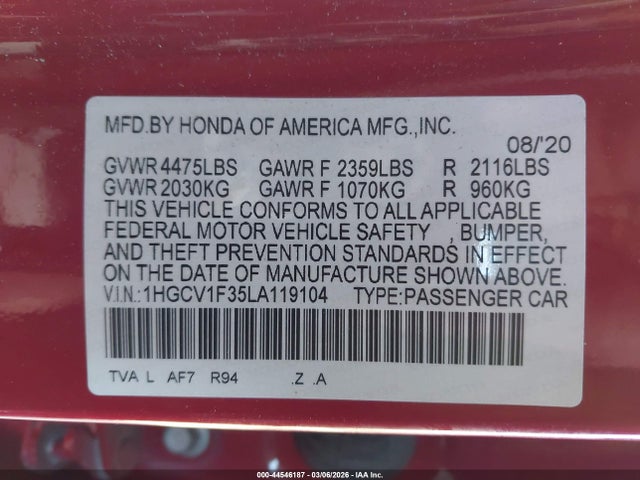 1HGCV1F35LA119104 Honda Accord Sport