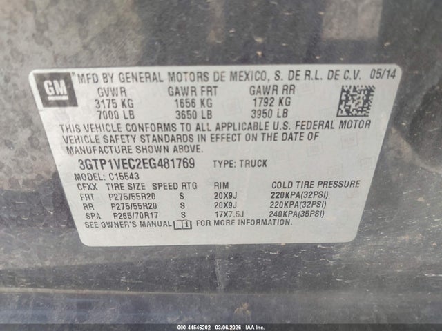 Продаж на аукціоні авто 2014 Gmc Sierra 1500 Slt, vin: 3GTP1VEC2EG481769, номер лоту: 44546202