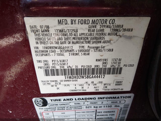 44546223 :رقم المزاد ، 1FMDK02W58GA44412 vin ، 2008 Ford Taurus X Sel مزاد بيع