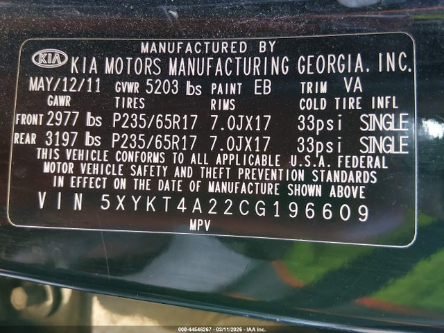 2012 Kia Sorento Lx V6 მანქანა იყიდება აუქციონზე, vin: 5XYKT4A22CG196609, აუქციონის ნომერი: 44546267