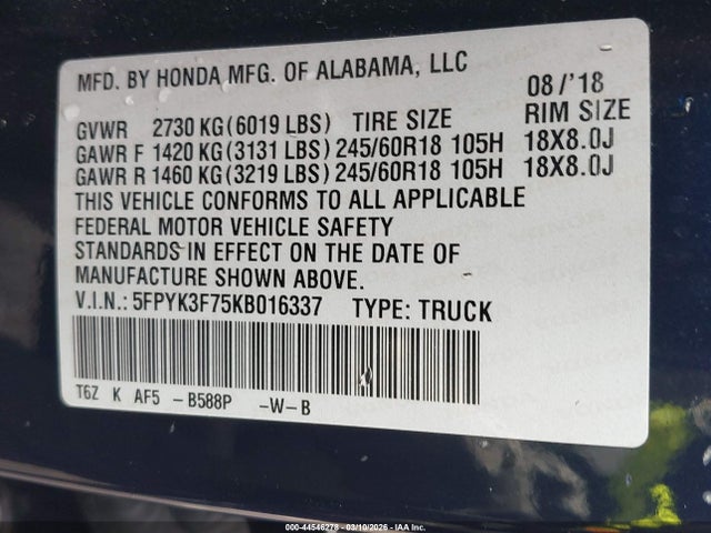 2019 HONDA RIDGELINE 5FPYK3F75KB016337 Photo 8