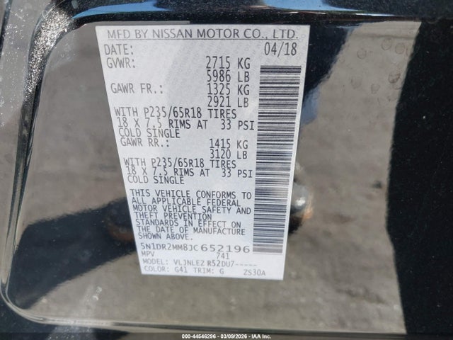 5N1DR2MM8JC652196 Nissan Pathfinder Sv