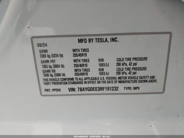2024 Tesla Model Y Long Range Dual Motor All-wheel Drive მანქანა იყიდება აუქციონზე, vin: 7SAYGDEE3RF191232, აუქციონის ნომერი: 44546349