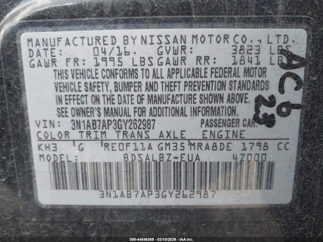 3N1AB7AP3GY262987 Nissan Sentra Fe+ S/s/sl/sr/sv