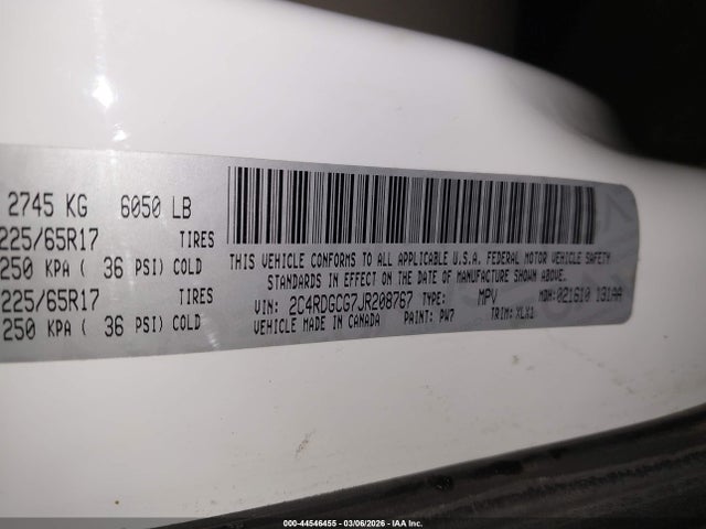 2018 Dodge Grand Caravan Sxt მანქანა იყიდება აუქციონზე, vin: 2C4RDGCG7JR208767, აუქციონის ნომერი: 44546455