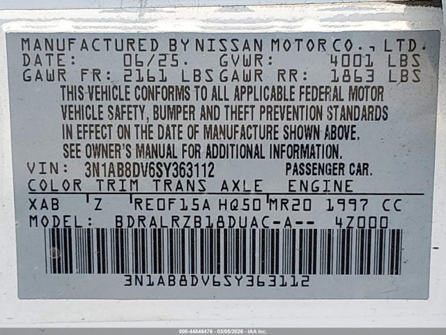 2025 Nissan Sentra Sr მანქანა იყიდება აუქციონზე, vin: 3N1AB8DV6SY363112, აუქციონის ნომერი: 44546476