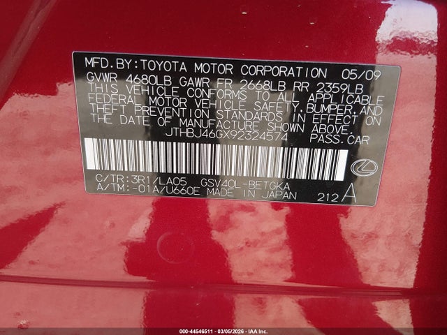 44546511 :رقم المزاد ، JTHBJ46GX92324574 vin ، 2009 Lexus Es 350 مزاد بيع