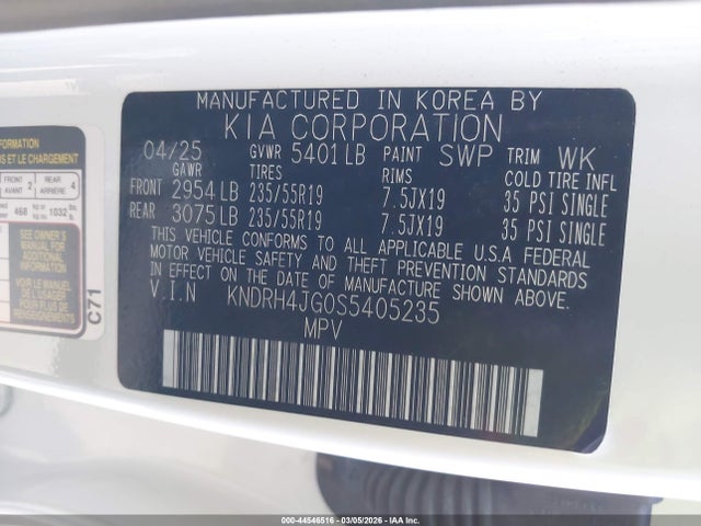 2025 Kia Sorento Hybrid Ex მანქანა იყიდება აუქციონზე, vin: KNDRH4JG0S5405235, აუქციონის ნომერი: 44546516
