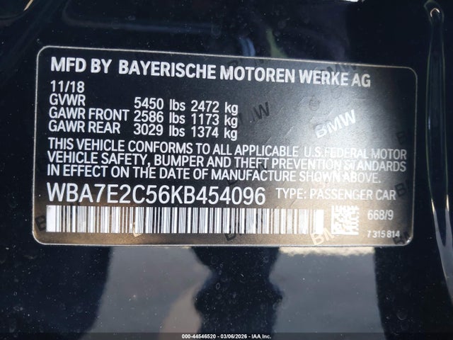 Продажа на аукционе авто 2019 Bmw 740i, vin: WBA7E2C56KB454096, номер лота: 44546520