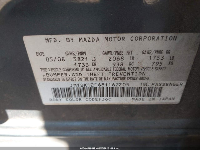 Продаж на аукціоні авто 2008 Mazda Mazda3 I Sport, vin: JM1BK12F681167205, номер лоту: 44546547