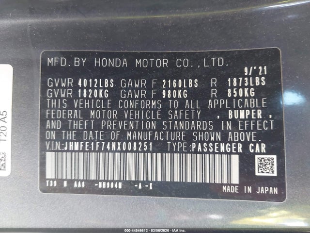 Honda CIVIC EX 2022 JHMFE1F74NX008251 Image 9