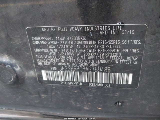 Aukcja sprzedaży 2010 Subaru Forester 2.5x, vin: JF2SH6BC8AG789486, numer aukcji: 44546678