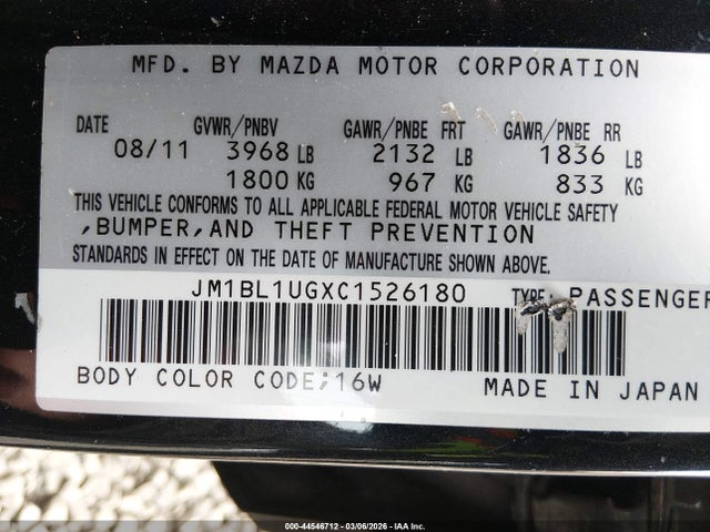 44546712 :رقم المزاد ، JM1BL1UGXC1526180 vin ، 2012 Mazda Mazda3 I Sport مزاد بيع