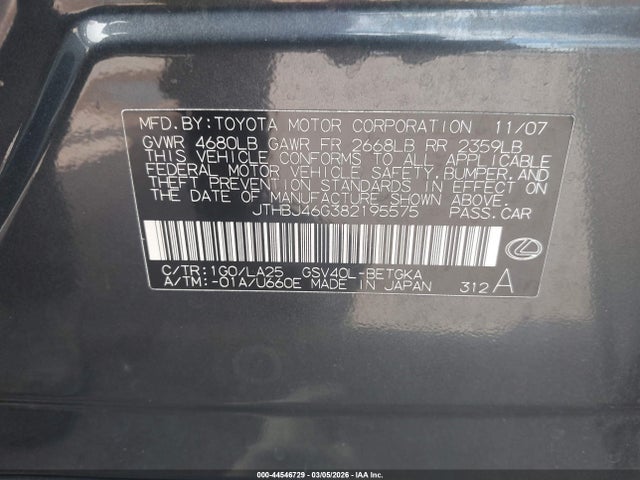 Aukcja sprzedaży 2008 Lexus Es 350, vin: JTHBJ46G382195575, numer aukcji: 44546729