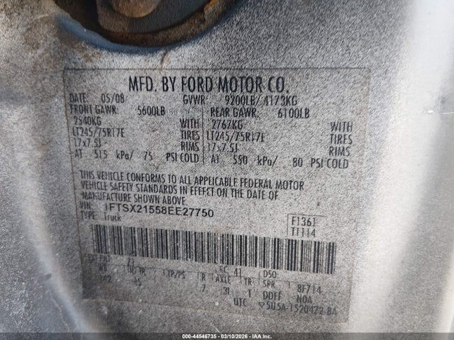 2008 Ford F-250 Fx4/lariat/xl/xlt მანქანა იყიდება აუქციონზე, vin: 1FTSX21558EE27750, აუქციონის ნომერი: 44546735