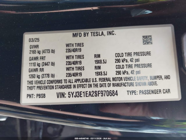 Aukcja sprzedaży 2025 Tesla Model 3 Long Range Rear-wheel Drive/standard Rear-wheel Drive, vin: 5YJ3E1EA2SF970684, numer aukcji: 44546746