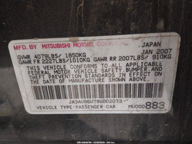 2008 MITSUBISHI LANCER JA3AU86U78U002073 Photo 8