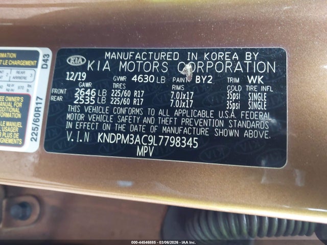 44546885 :رقم المزاد ، KNDPM3AC9L7798345 vin ، 2020 Kia Sportage Lx مزاد بيع
