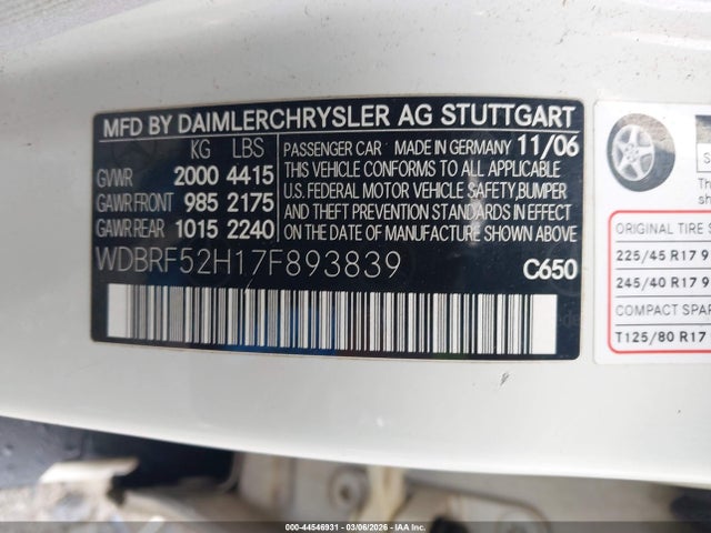 44546931 :رقم المزاد ، WDBRF52H17F893839 vin ، 2007 Mercedes-benz C 230 Sport مزاد بيع