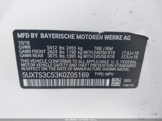 44546934 :رقم المزاد ، 5UXTS3C53K0Z05169 vin ، 2019 Bmw X3 M40i مزاد بيع