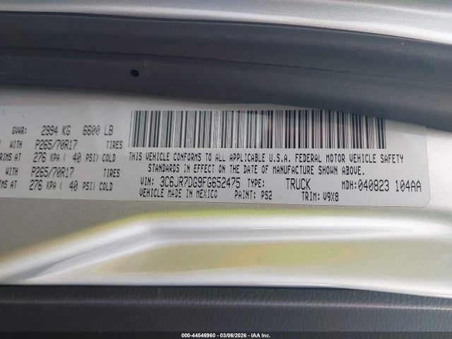 44546960 :رقم المزاد ، 3C6JR7DG9FG652475 vin ، 2015 Ram 1500 Tradesman مزاد بيع