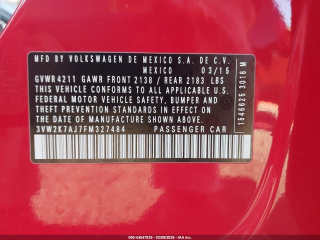 44547039 :رقم المزاد ، 3VW2K7AJ7FM327484 vin ، 2015 Volkswagen Jetta 2.0l S مزاد بيع