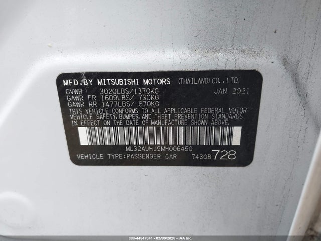 Aukcja sprzedaży 2021 Mitsubishi Mirage Carbonite Edition/es/le, vin: ML32AUHJ9MH006450, numer aukcji: 44547041