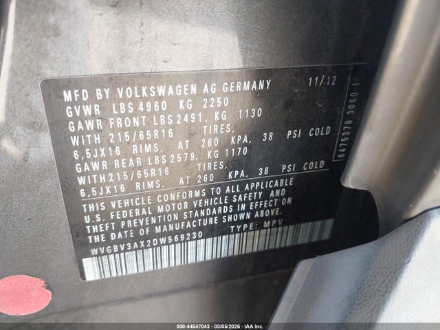 Продаж на аукціоні авто 2013 Volkswagen Tiguan S, vin: WVGBV3AX2DW569230, номер лоту: 44547043