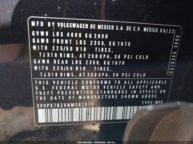 Aukcja sprzedaży 2022 Volkswagen Taos 1.5t Se, vin: 3VVPX7B2XNM082570, numer aukcji: 44547048